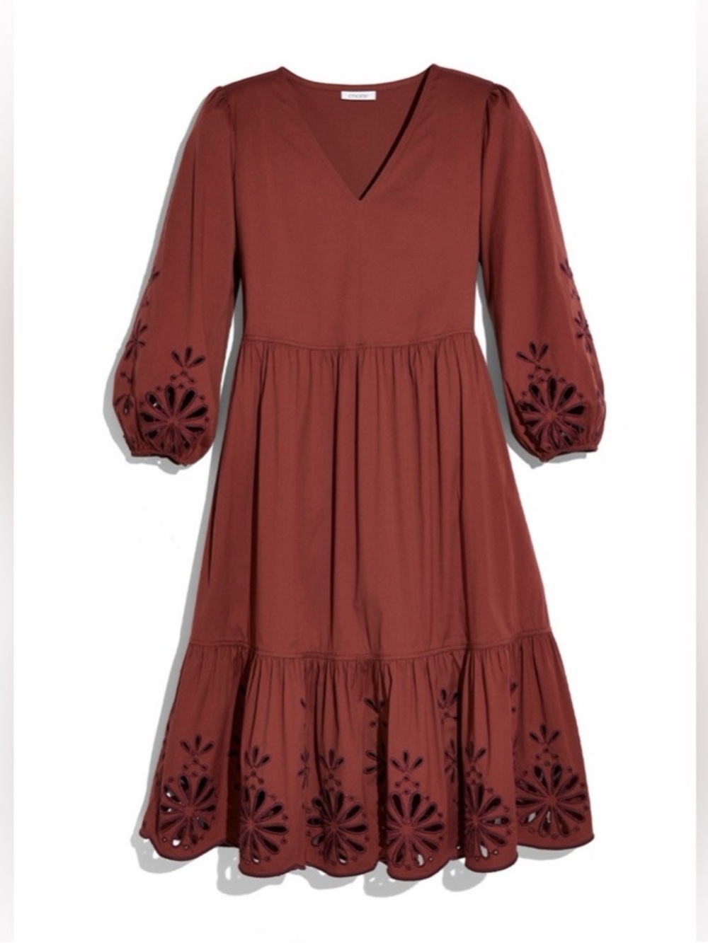Chico’s Poplin Eyelet Midi Dress NWOT  Brown/Burgundy purple stitching size 10